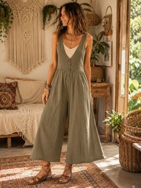 Olive Green Cotton Wide Leg Jumpsuit M Cropped Deep Vneck Resortwear Boho